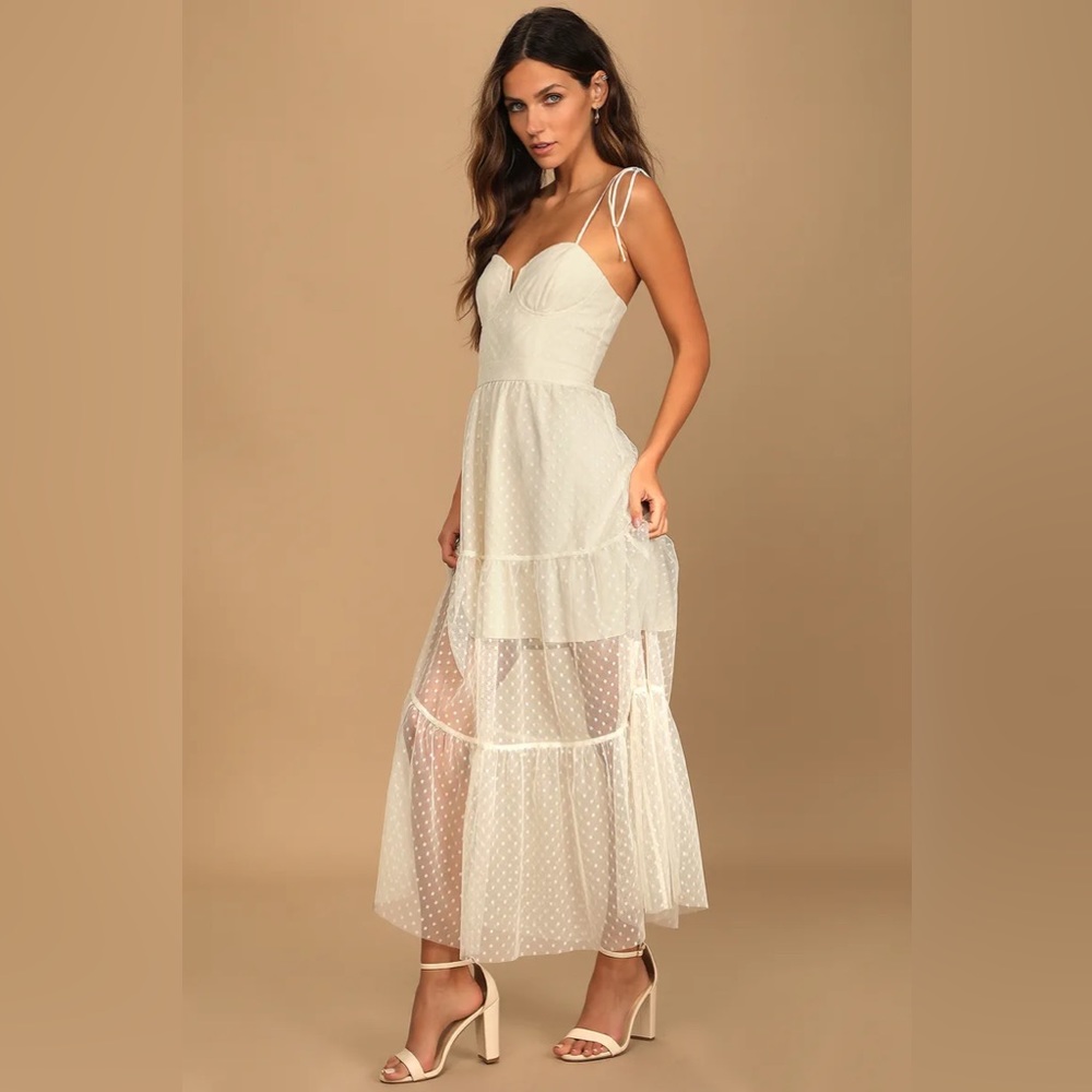 Romantic Spot Cream Polka Dot Mesh Tiered Midi Dress